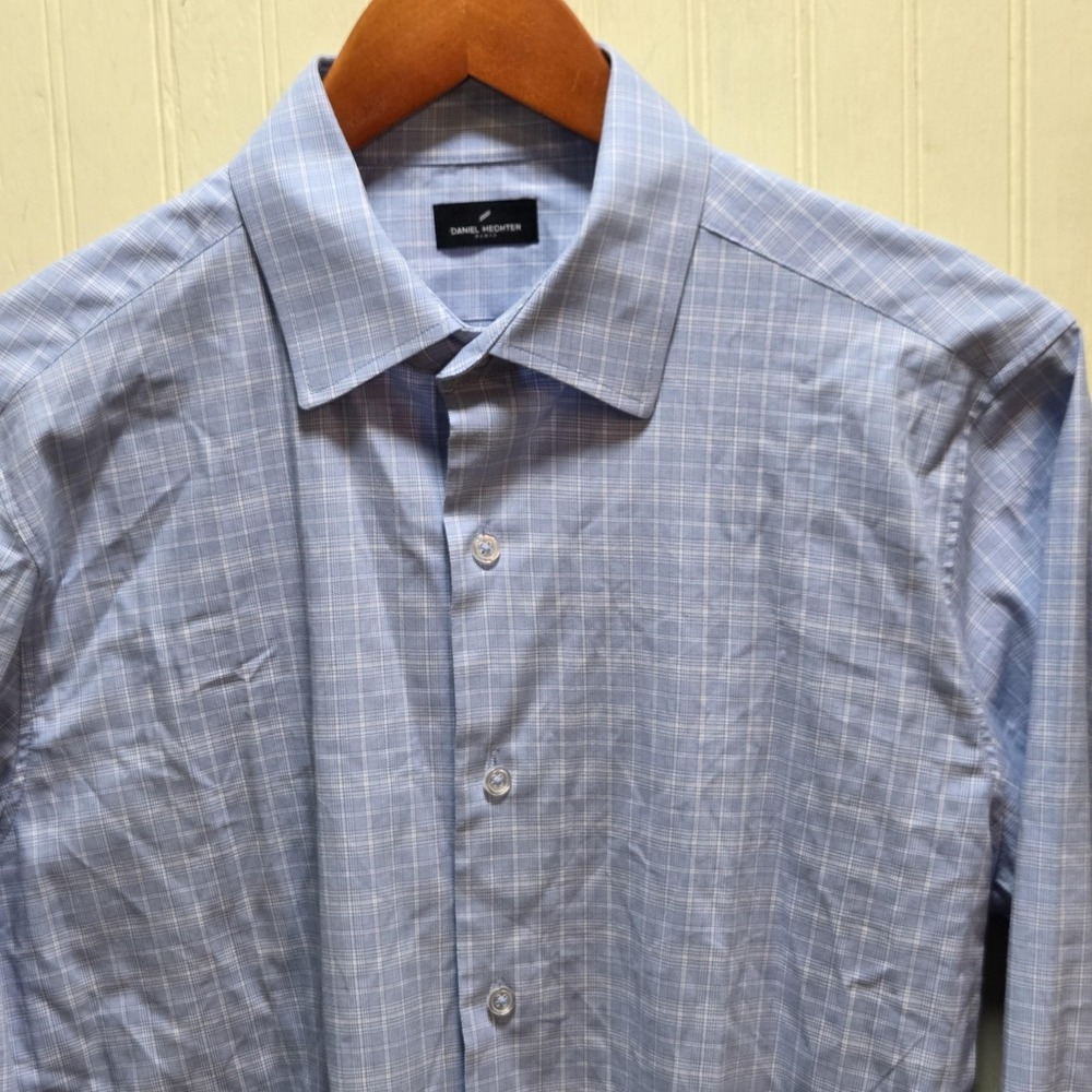 Daniel Hechter Dress Shirt Mens M 15-15.5 Blue Check Regular Stretch Long Sleeve